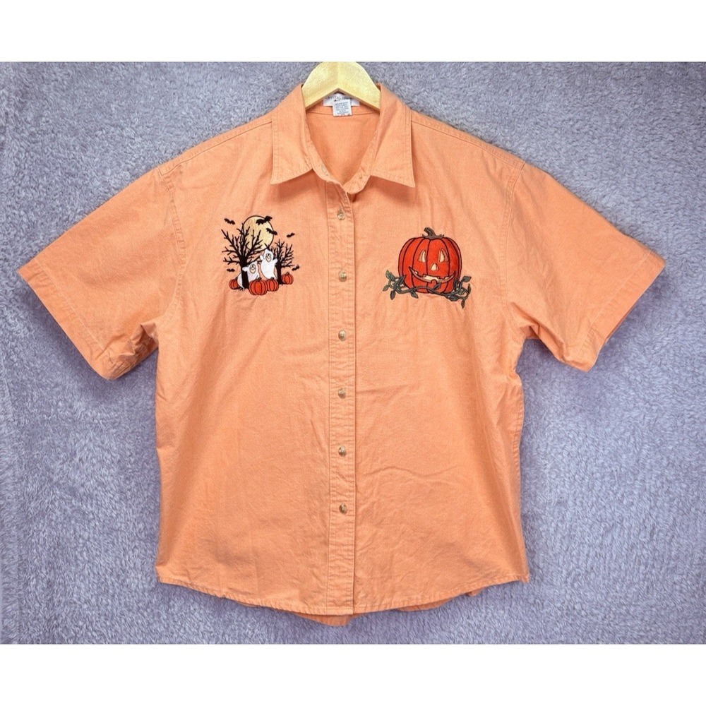 VTG Crystal Springs Womens L Halloween Ghost Pumpkin Button Up Holiday Shirt
